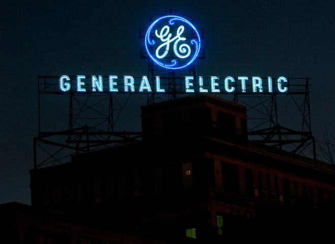 The iconic GE sign atop the General Electric complex on Broadway just north of Taylor Street has been weatherproofed and strengthened. The sign has been a Fort Wayne landmark since the late 1920s.