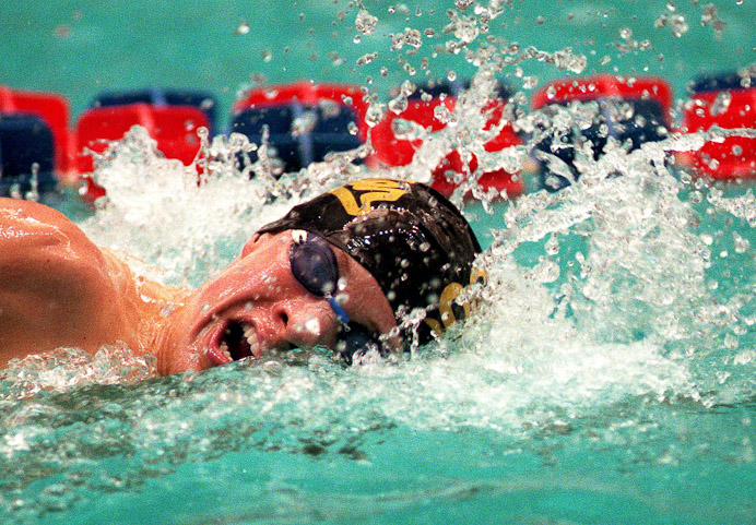 Snider's Bart Wickard steams along in the 500 meter freestyle at the State  Finals in Indianapolis.