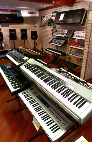 Some of the keyboards on display in the showroom of Sweetwater Sound, 5335 Bass Road.