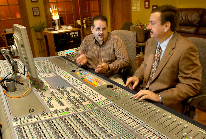 Sweetwater studio manager Chet Chambers, left, talks over a project with CEO Chuck Surack, right, in the studio. The studio uses a Digidesign Icon Mixing System with a D-Control Console.